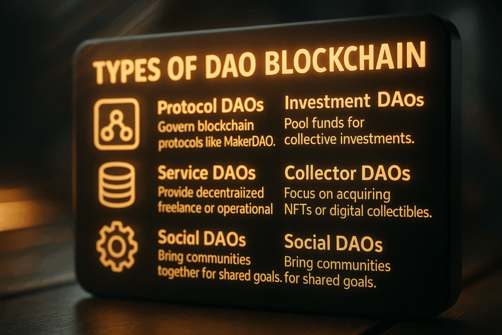 generate a hyper-realistic 3D image 700x500. dramatic lighting, motion blur and cinematic depth of field. render in 4K UHD using premium unreal engine + octane render techniques.
For featured image of blog title: {"Types of Dao Blockchain"}
Add Text with relatable elements
-Protocol DAOs – Govern blockchain protocols like MakerDAO.
Investment DAOs – Pool funds for collective investments.
Service DAOs – Provide decentralized freelance or operational services.
Collector DAOs – Focus on acquiring NFTs or digital collectibles.
Social DAOs – Bring communities together for shared goals.
